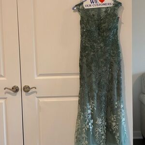 Mon Cheri Vintage Lace Dress in Soft Green with silver embroidery.